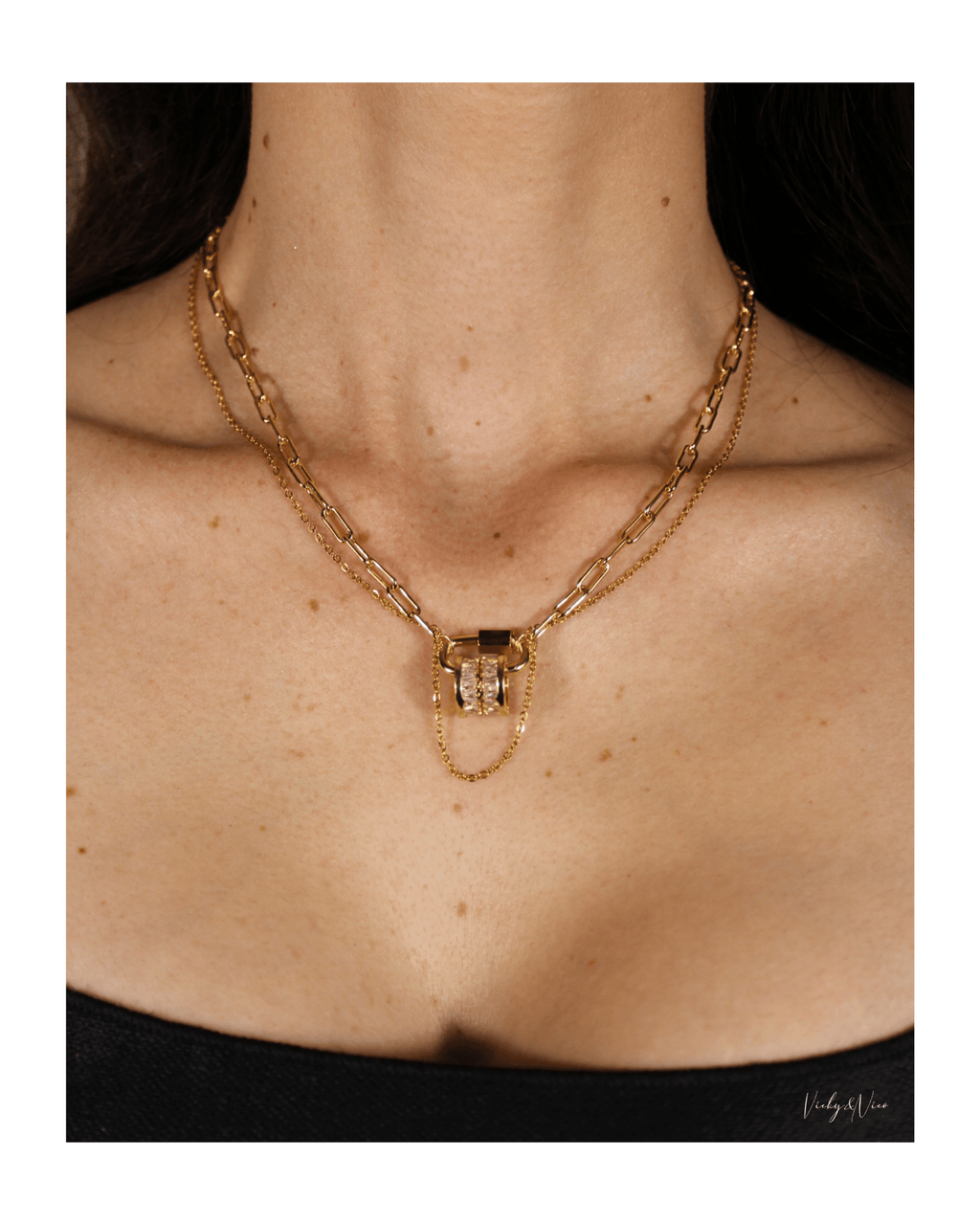 Be Loved - Double Crystal Carabiner Layered Necklace - Vicky&Nico