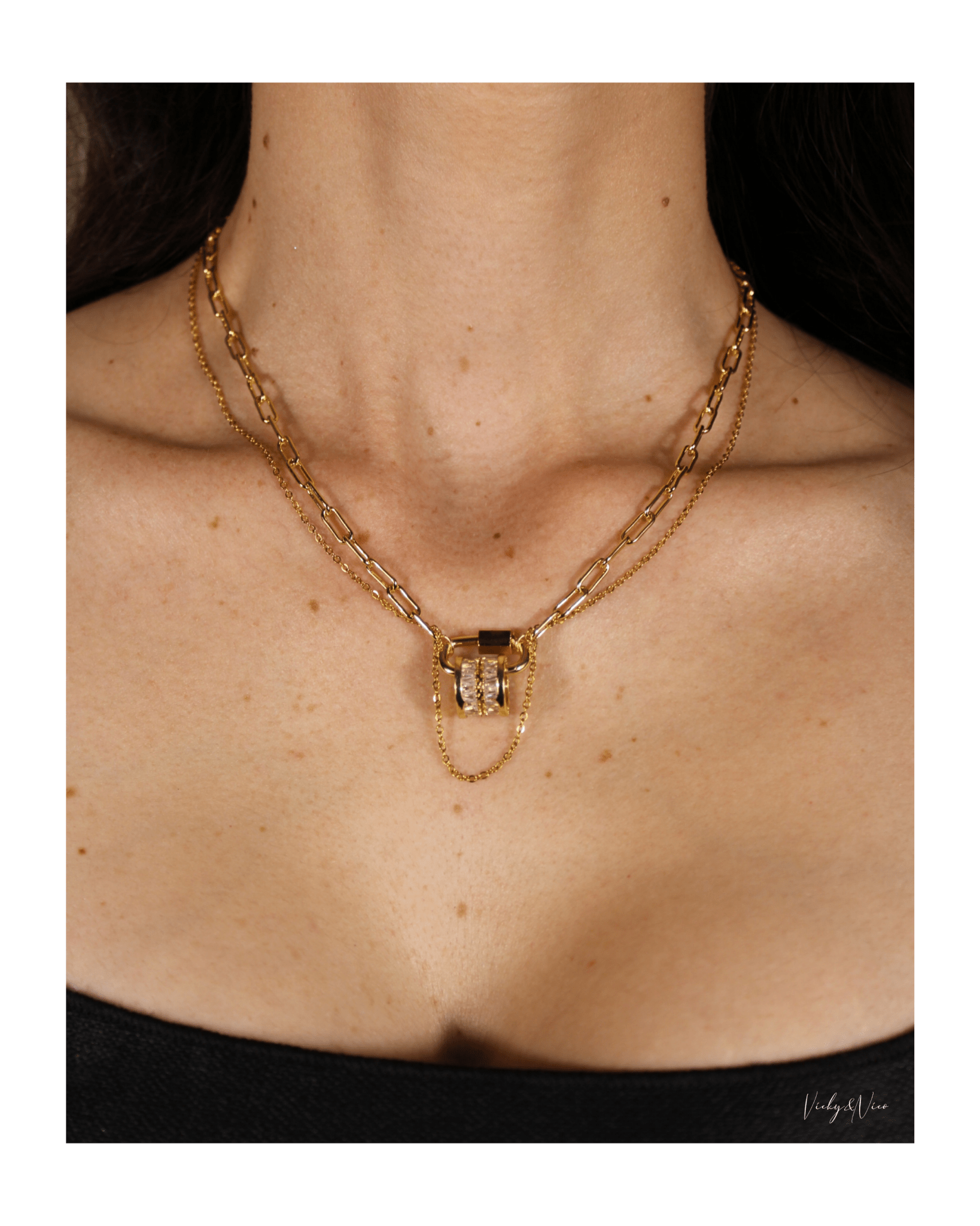 Be Loved - Double Crystal Carabiner Layered Necklace - Vicky&Nico