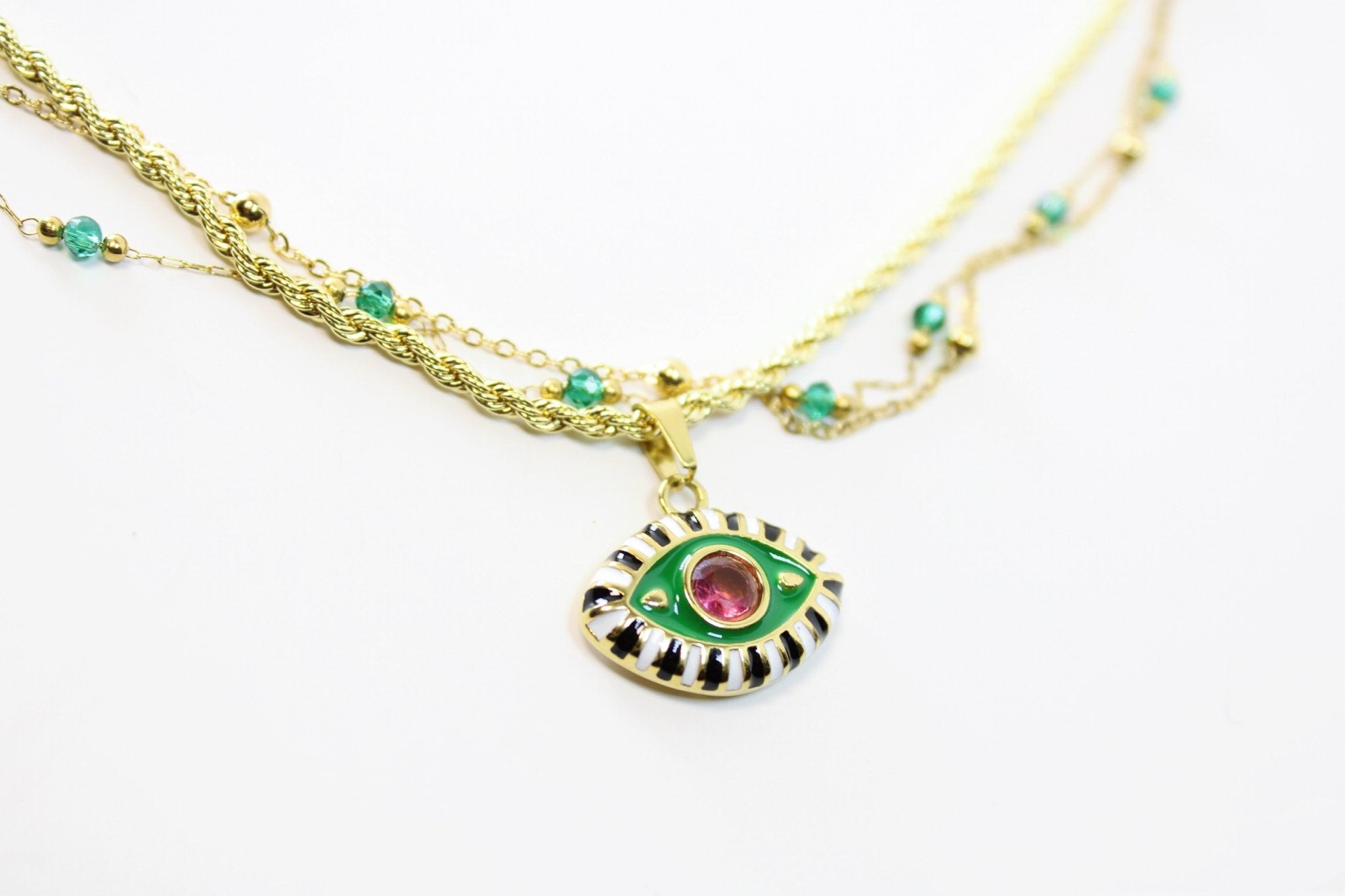 2 LEFT! - Green Evil Eye Layered Necklace - Vicky&Nico